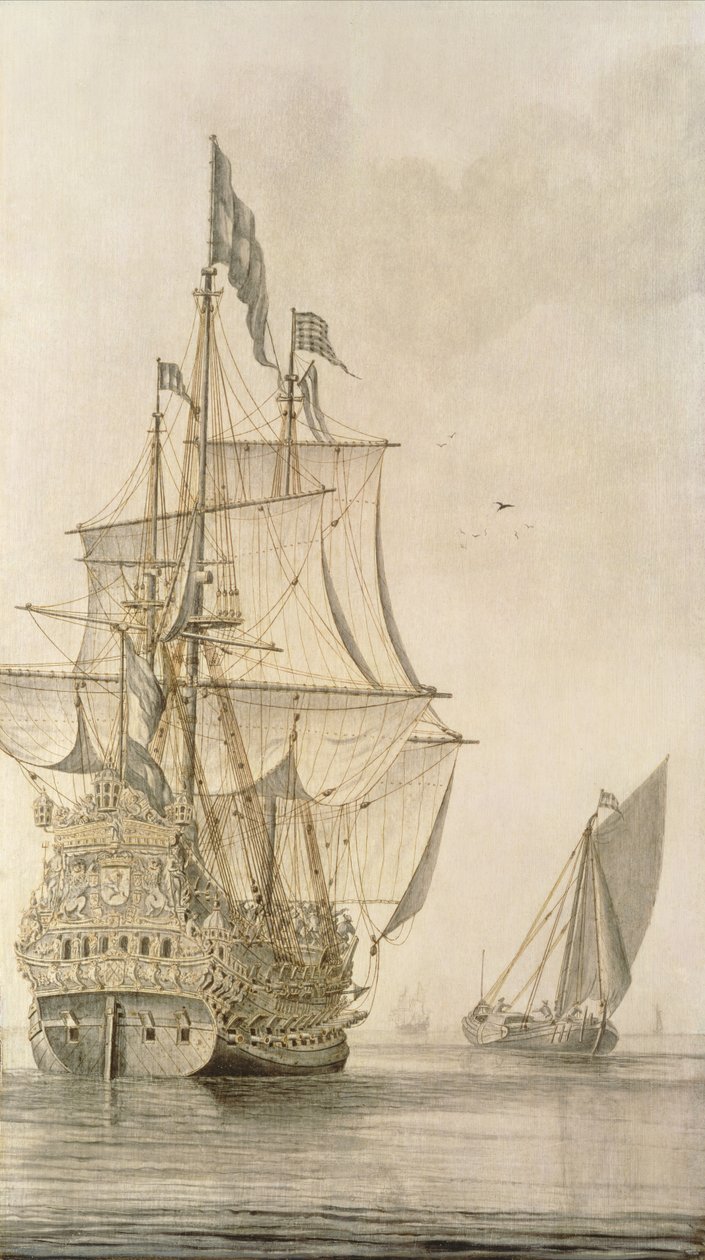 Un Buque de Guerra a Vela visto desde la popa con una caldera cercana de Cornelius Bouwmeester