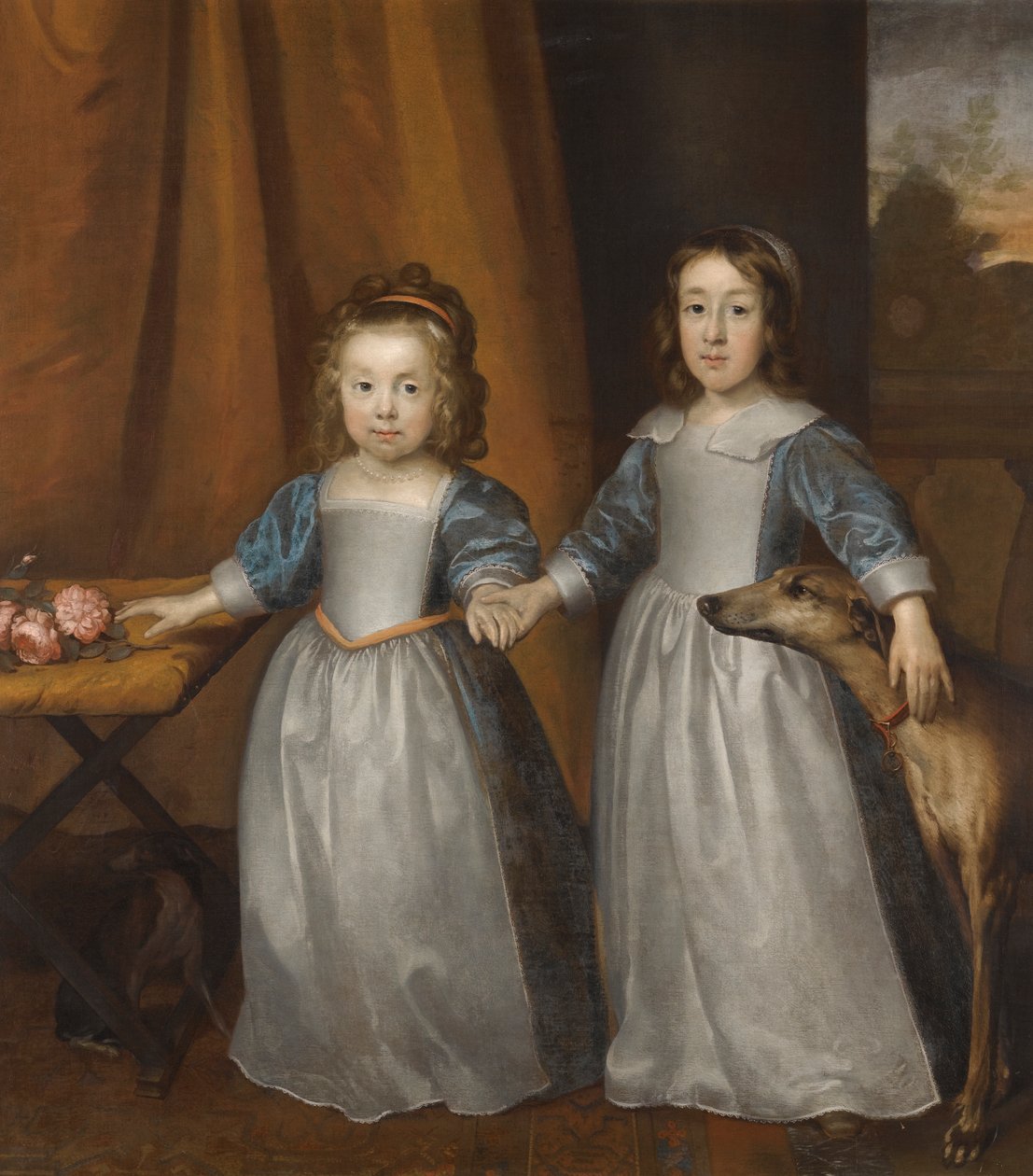 Retrato de dos niñas en una terraza con dos perros y un paisaje al fondo de Cornelius I Johnson