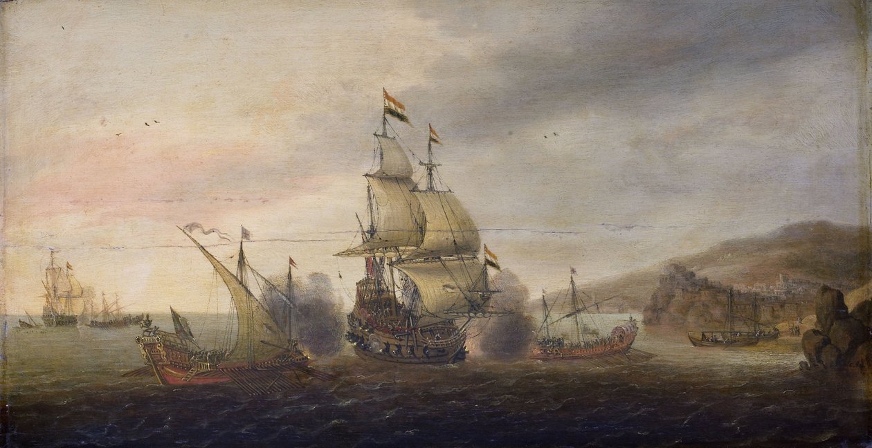 Batalla naval entre hombres de guerra holandeses y galeras españolas, c.1633-50 de Cornelius Bol