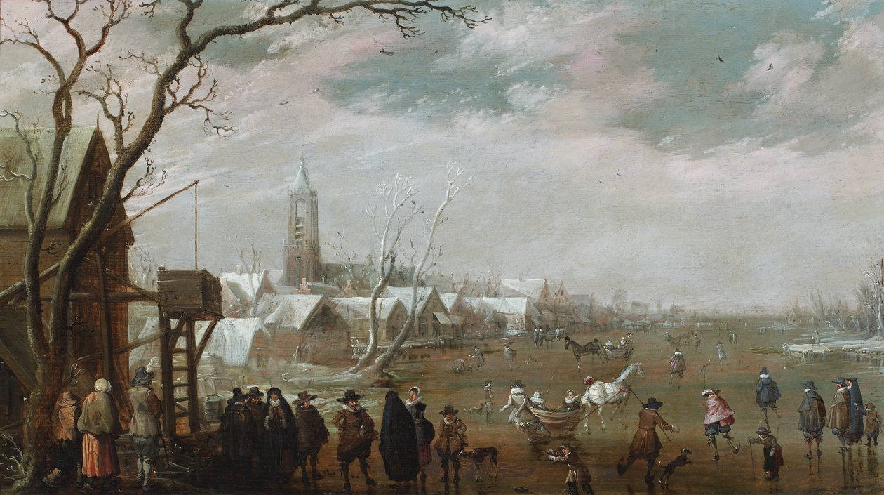 Una escena de pueblo en invierno con figuras sobre el hielo de Cornelius Droochsloot
