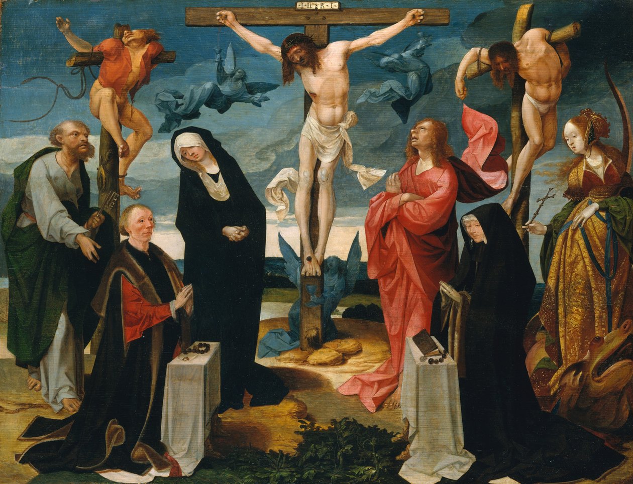 La crucifixión con donantes y santos Pedro y Margarita de Cornelius Engebrechtsz