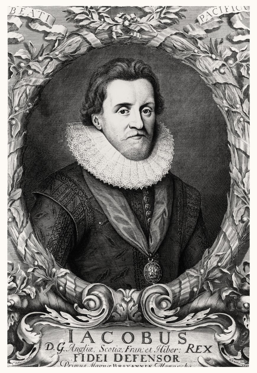 Retrato de James I, Rey de Gran Bretaña, grabado por R.White de Cornelius I after Johnson