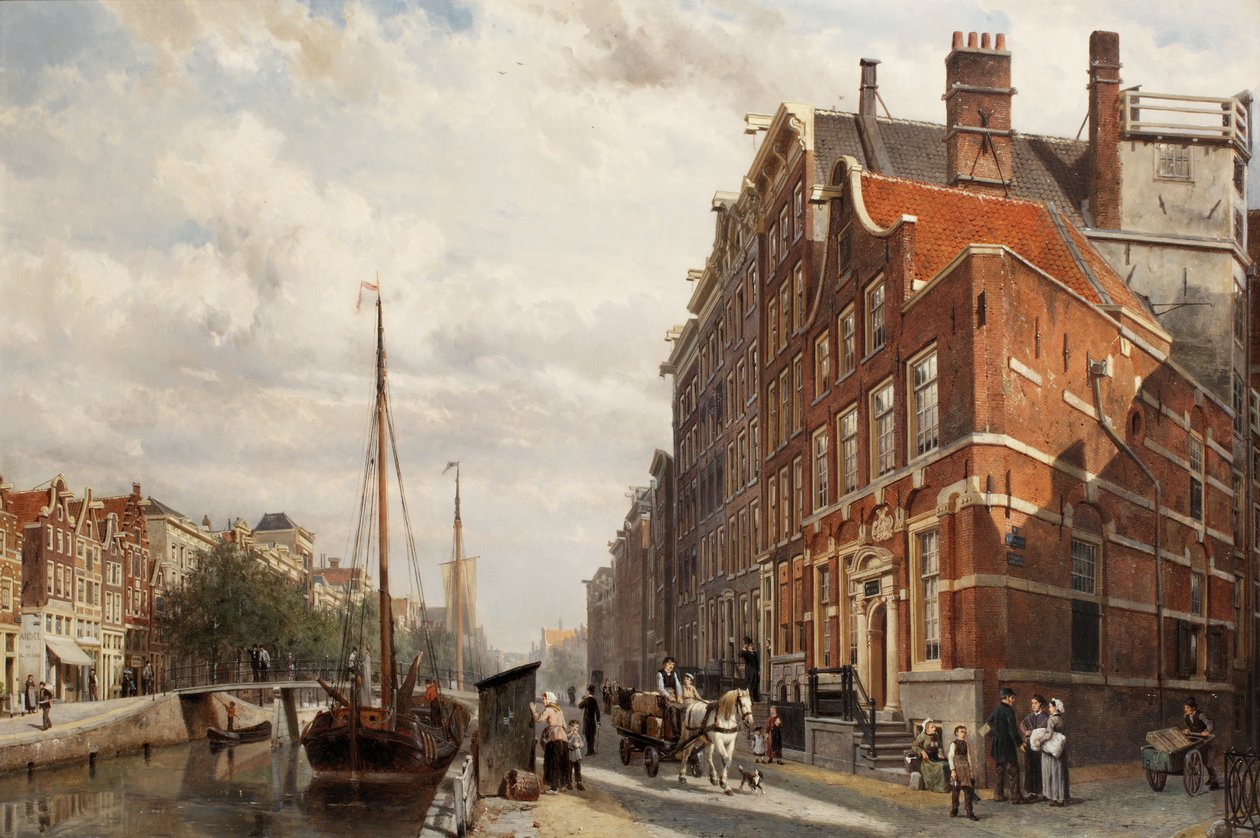 Vista del Makelaers Comptoir en el Nieuwezijds Voorburgwal, Ámsterdam, 1883 de Cornelis Springer