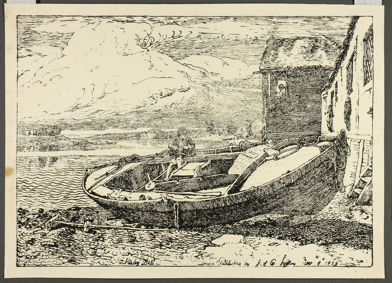 Un niño sentado en un barco de Cornelius Varley