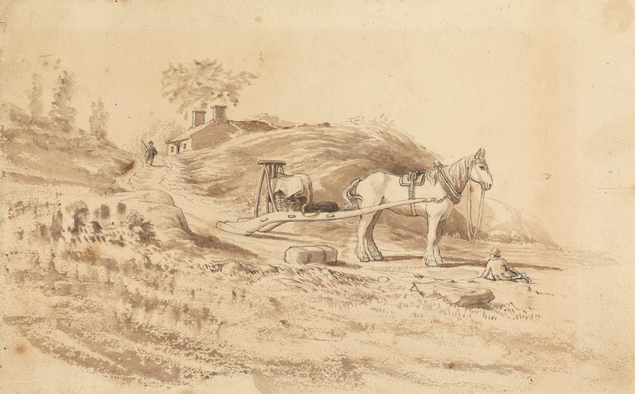 Un caballo tirando de una rastra de Cornelius Varley
