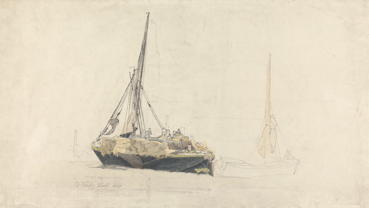 Una barcaza a vela cargada de heno, diciembre de 1827 de Cornelius Varley