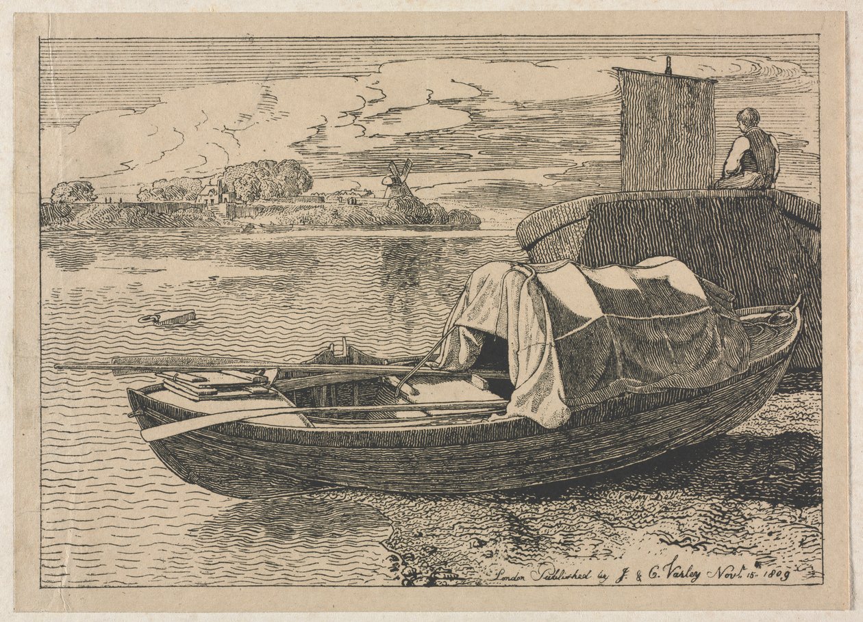 Barcos en un Río, Molino en la Distancia, 1809 de Cornelius Varley