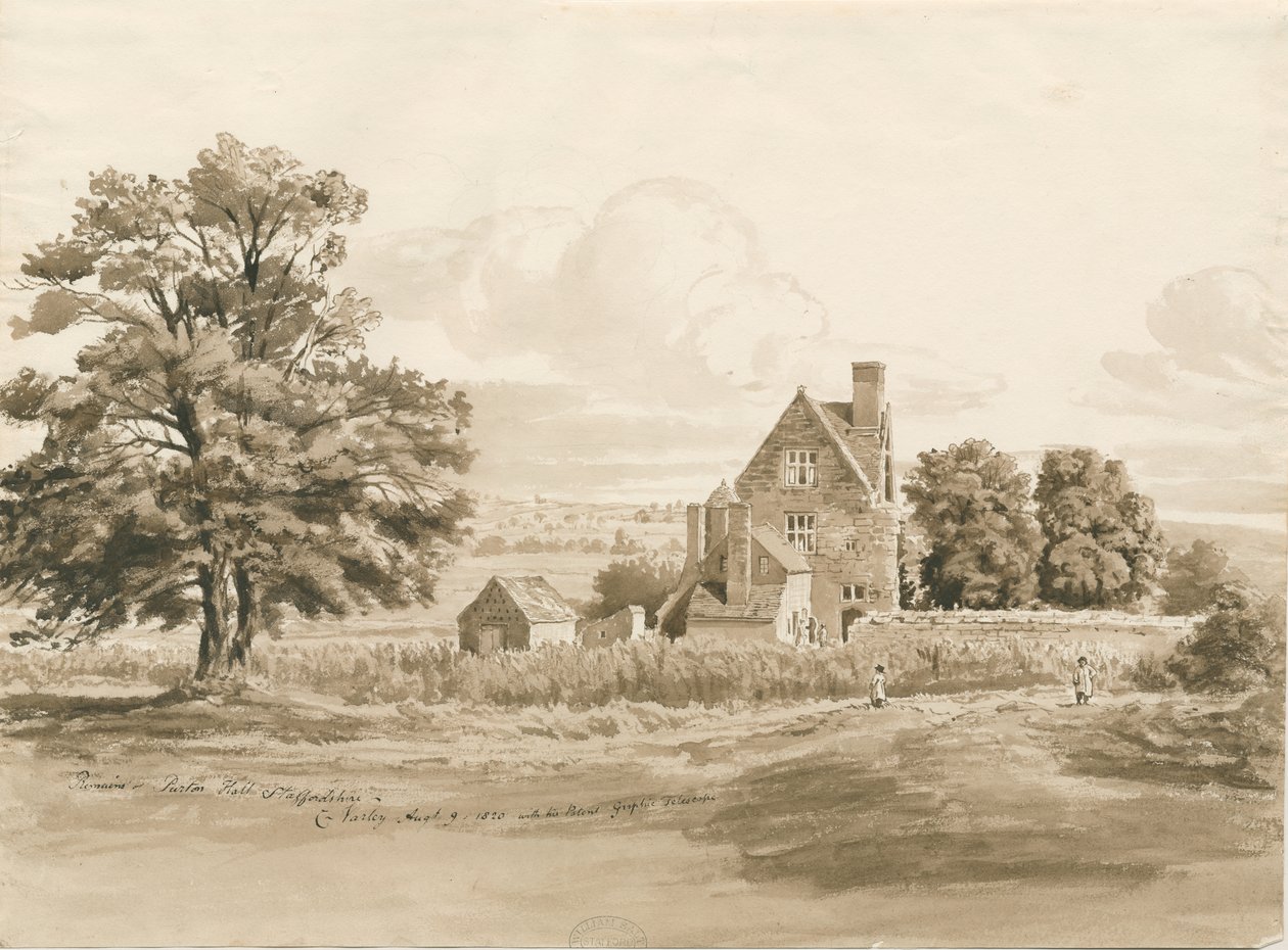 Tettenhall - Perton Hall: dibujo a la aguada sepia, 9 de agosto de 1820 de Cornelius Varley