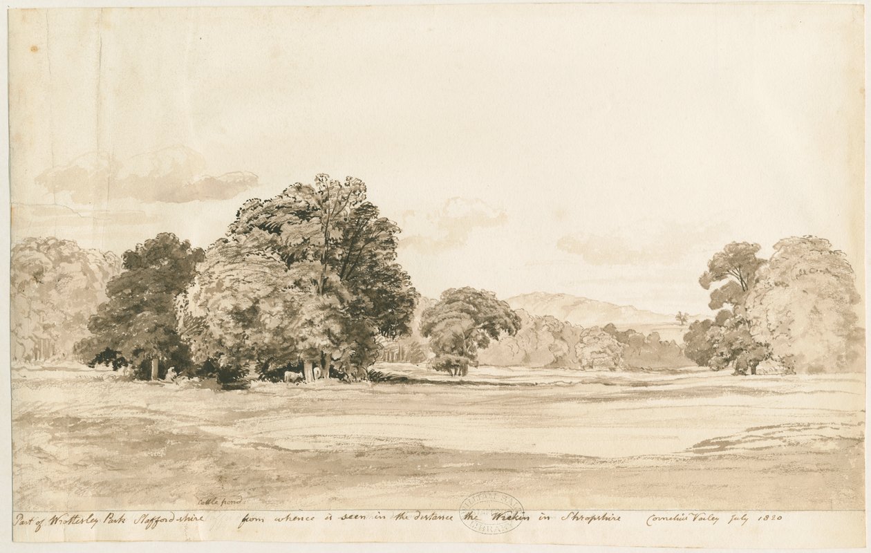 Parque Wrottesley: dibujo en sepia, jul 1820 de Cornelius Varley