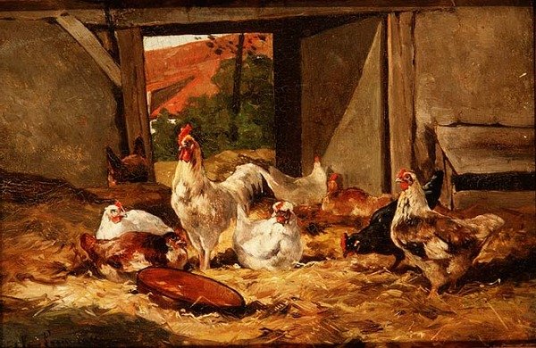 Gallinas en un granero (uno de un par) de Cornelius van Leeputten