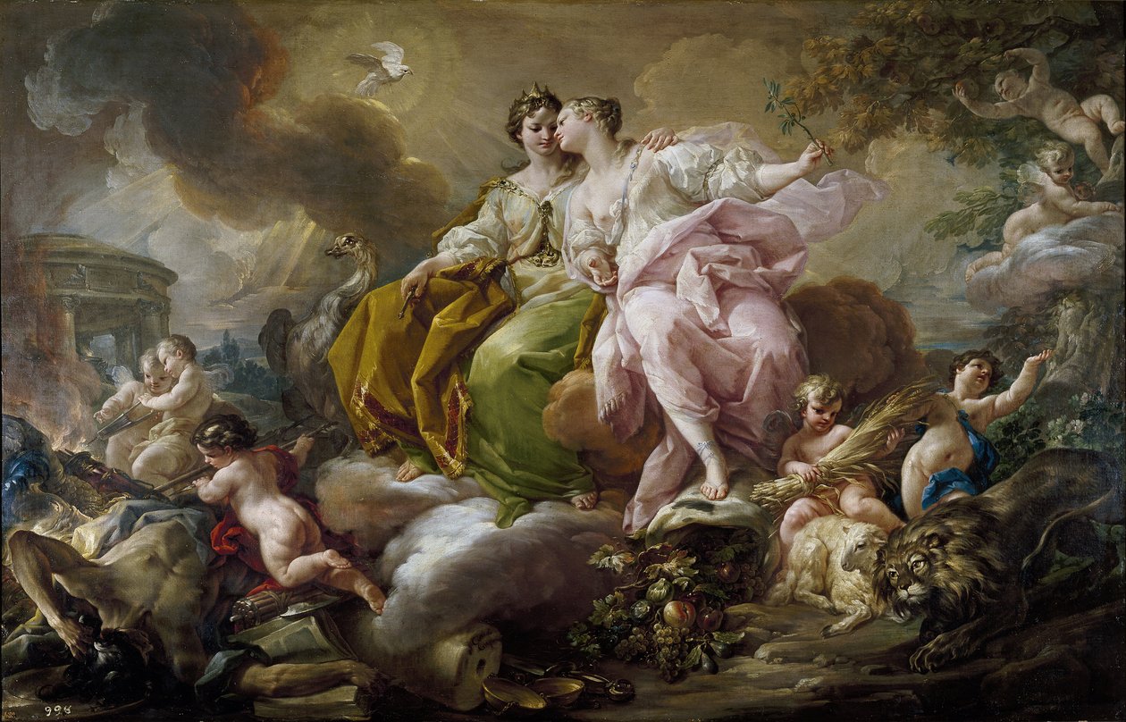 Justicia y Paz - Pintura de Corrado Giaquinto (1703-1766) - c. 1754 - Óleo sobre lienzo - 216x325 cm - Arte rococó - Museo del Prado, Madrid de Corrado Giacquinto