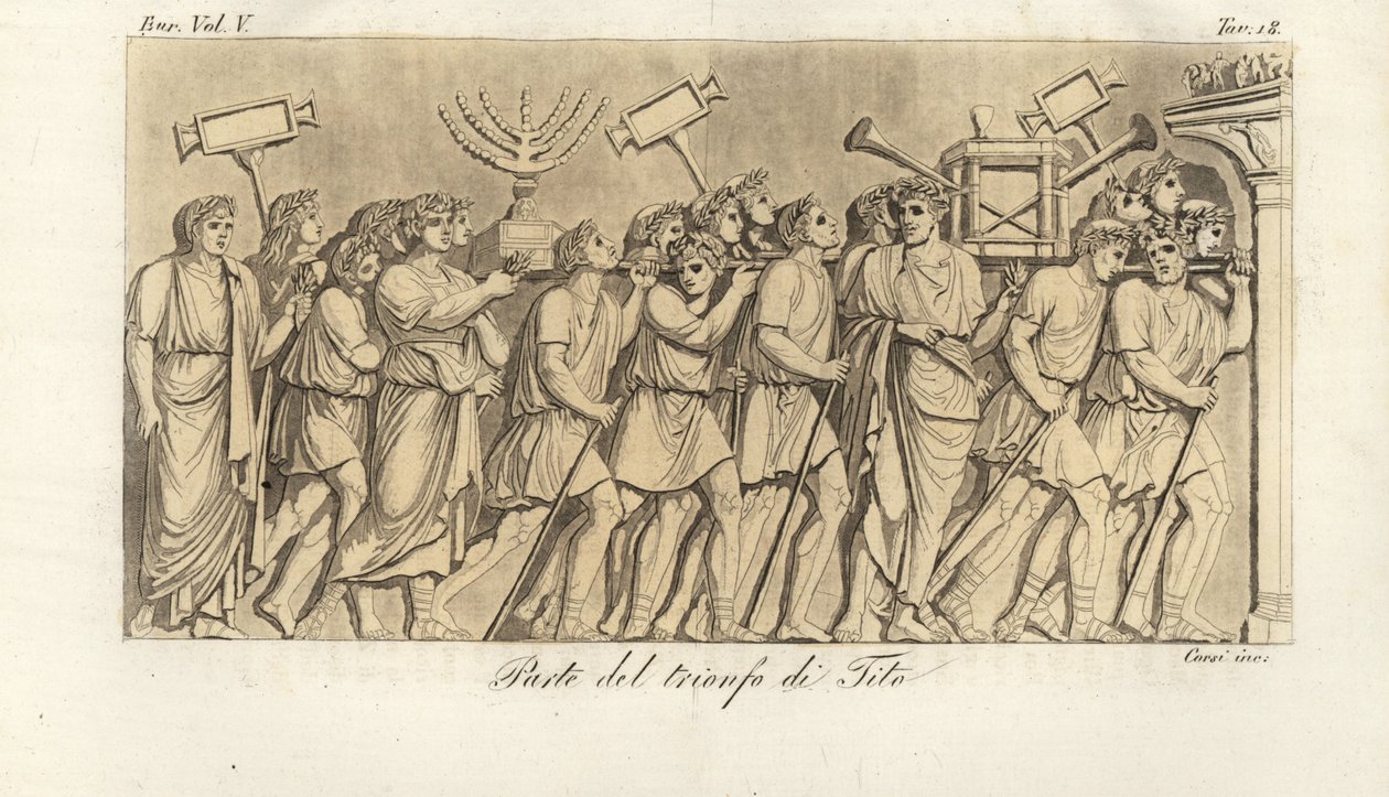 Soldados romanos marchan en procesión con botines de guerra o spolia en el Arco de Tito, el arco de triunfo que celebra la victoria del emperador Tito sobre Jerusalén de Corsi Corsi