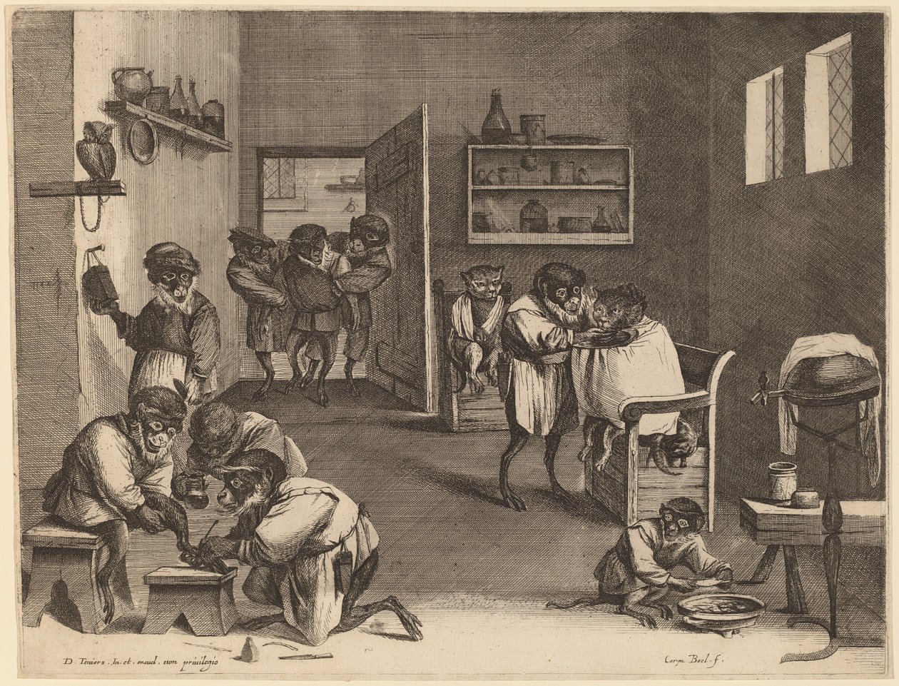La barbería de los monos de Coryn Boel after David Teniers the Younger