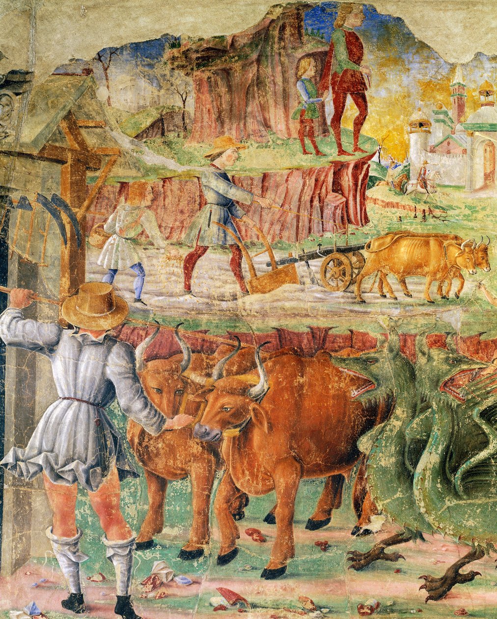 Cuadro agrícola, detalle del Triunfo de Ceres, escena del Mes de Agosto, ca. 1470, atribuido a Cosimo Tura, y Maestro de Ercole, fresco, pared norte, Salón de los Meses, Palacio Schifanoia (Palacio de la Alegría), Ferrara, Emilia-Romaña. Italia de Cosimo (attr. to) Tura