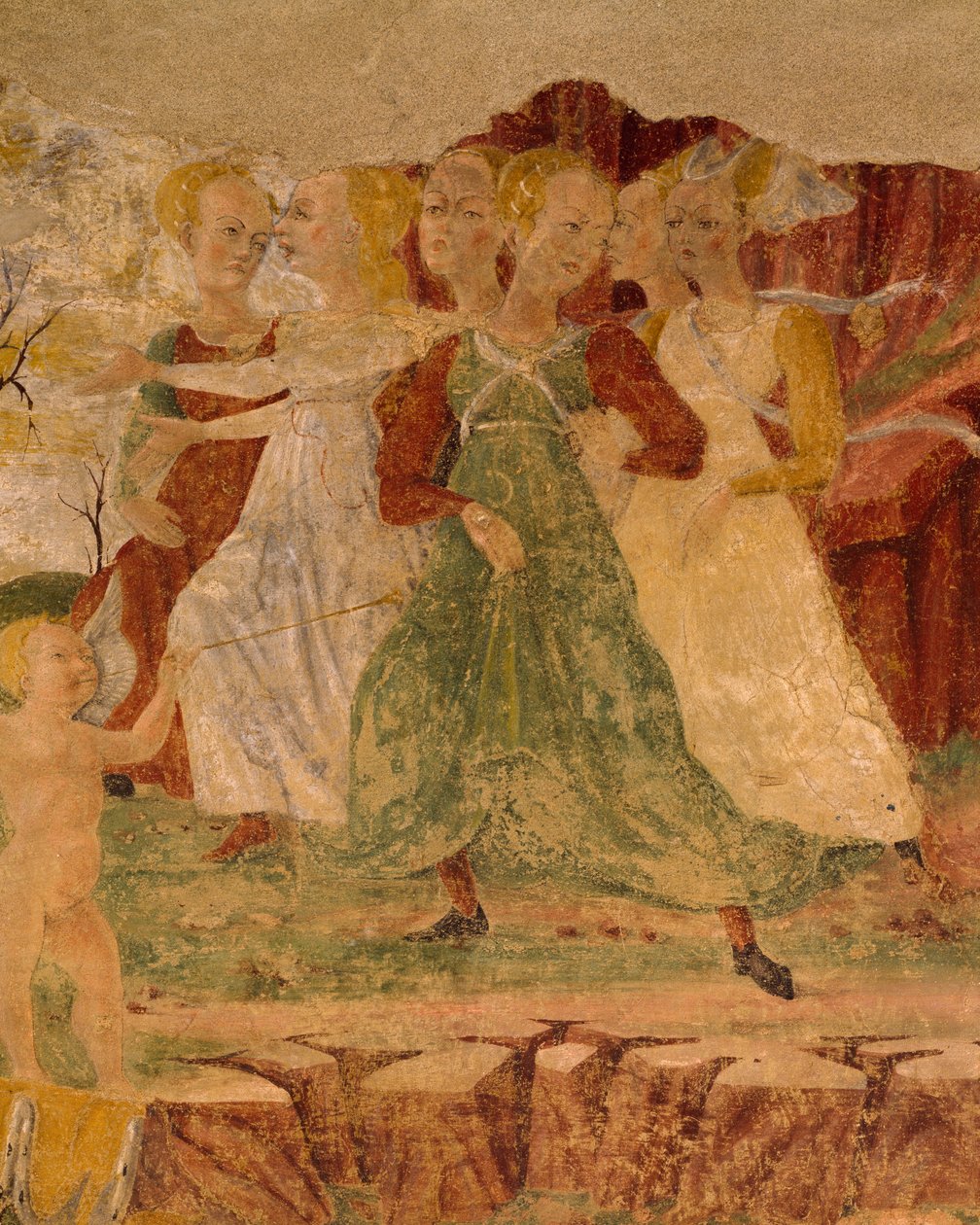 Desesperación de las doncellas de Proserpina, detalle del Triunfo de Ceres, escena del Mes de Agosto, atribuido a Cosimo Tura y al Maestro de Ercole, fresco, pared norte, Salón de los Meses, Palacio Schifanoia (Palacio de la Alegría), Ferrara, Italia, haci de Cosimo (attr. to) Tura