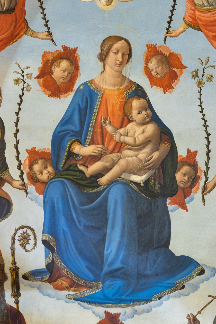 Virgen con el Niño en la gloria, San Ambrosio, San Francisco de Asís, Dios Padre y ángeles