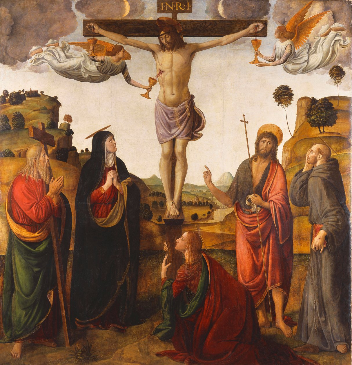 La Crucifixión con la Madonna, Santos Juan Bautista, María Magdalena, Andrés y Francisco, 1503 de Cosimo Rosselli