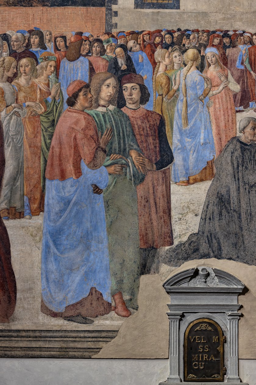 Grupo de humanistas neoplatónicos" (desde la izquierda, Marsilio Ficino, Giovanni Pico della Mirandola y Agnolo Poliziano): detalle del "Milagro del Sacramento", fresco (fresco) de Cosimo Rosselli