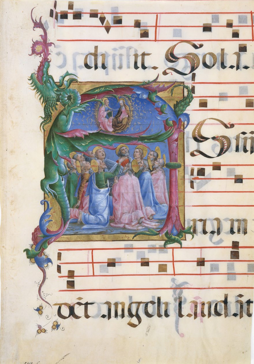 Iluminación de manuscrito con la Asunción de la Virgen en una inicial A..., 1450-60 de Cosmè Tura