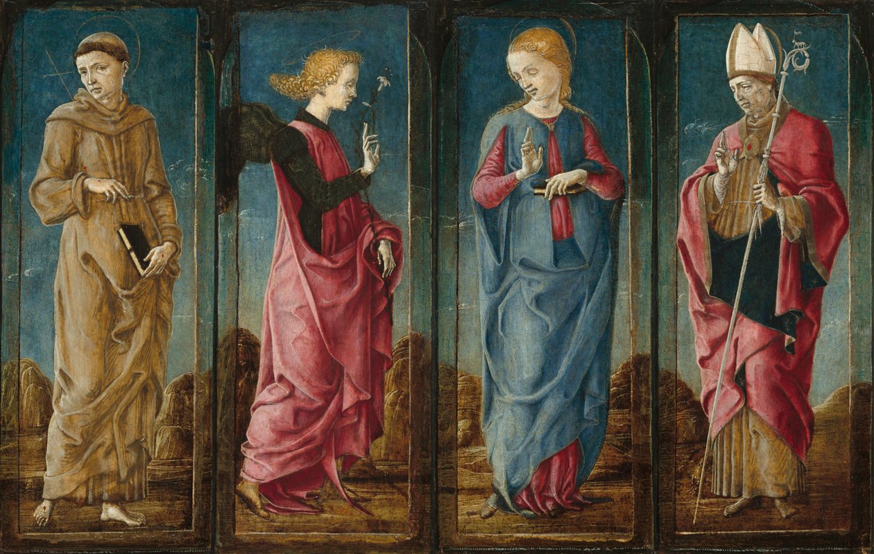 La Anunciación con San Francisco y San Luis de Tolosa [cuatro paneles], c. 1470-1480 de Cosmè Tura