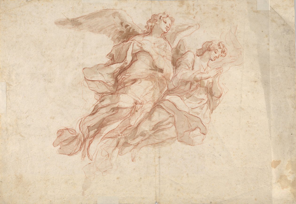 Dos ángeles volando, verso: Dios Padre sentado en las nubes y un boceto de una figura volando de Cosmas Damian Asam