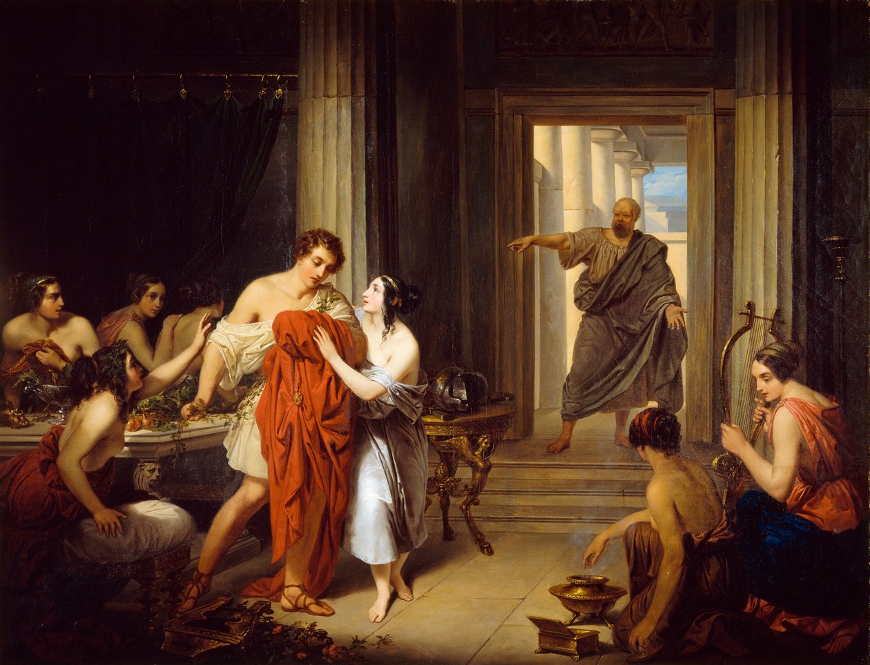 El filósofo griego Sócrates (470-399 a.C.) descubre al joven Alcibíades (450-404 a.C.) con una hetaira (prostituta griega) de Cosroe Dusi