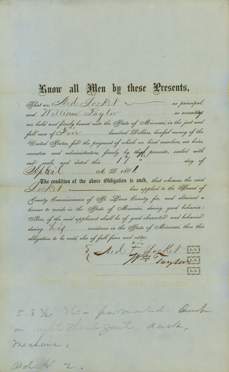 Ned Locket, Negro Libre Fianza de County Court of St.Louis