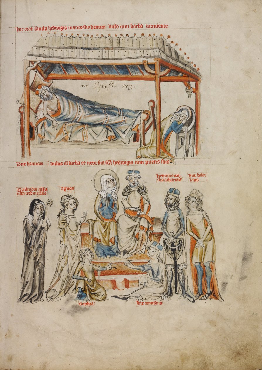 Heinrich durmiendo y Hedwig rezando. Heinrich y Hedwig con sus hijos, 1353 de Court workshop of Duke Ludwig I