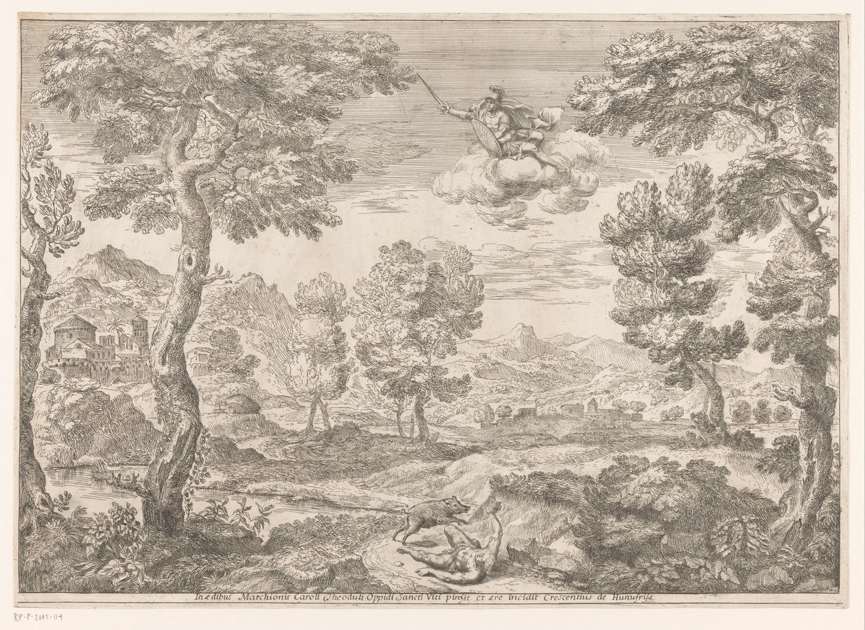 Adonis atacado por un jabalí Paisajes después de pinturas en el Palazzo Theodoli en San Vito Romano (título de la serie) de Crescenzio Onofrij