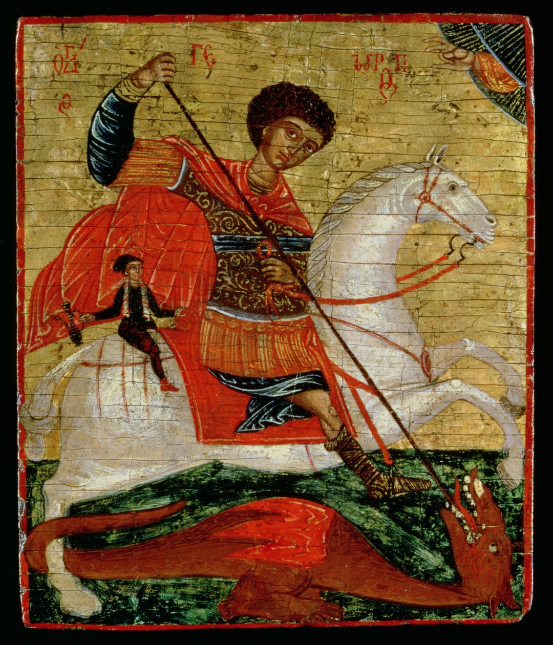 Icono de San Jorge y el Dragón (pan de oro y témpera sobre tabla) de Cretan School