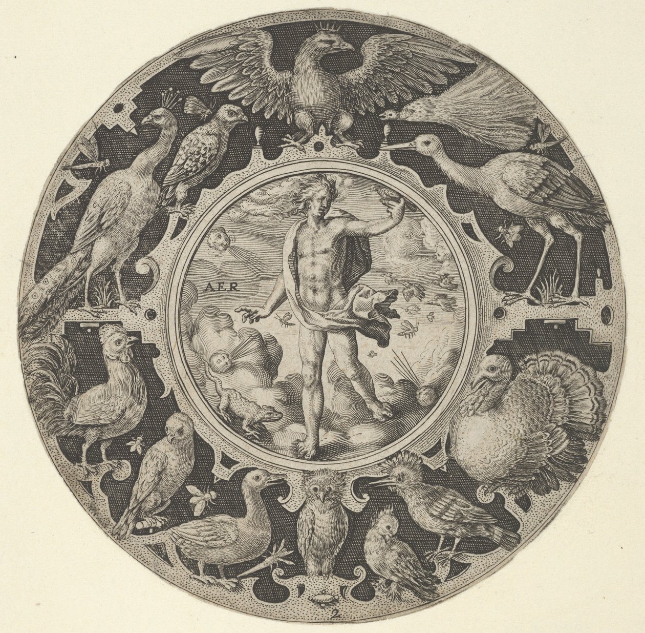 Aer en un borde decorativo con pájaros, de una serie de diseños circulares con el F... de Crispijn de Passe I
