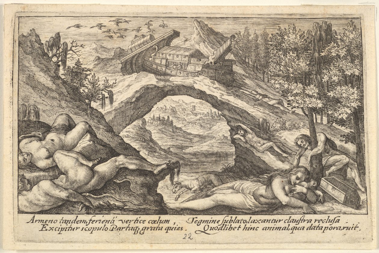 Secuelas del diluvio: cuerpos humanos esparcidos en tierra seca en primer plano, el arca de Noé amarrada..., 1612 de Crispijn de Passe I