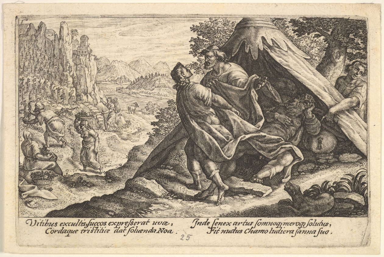 La embriaguez de Noé: Sem y Jafet cubren el cuerpo desnudo de Noé, que yace en una tienda, 1612 de Crispijn de Passe I