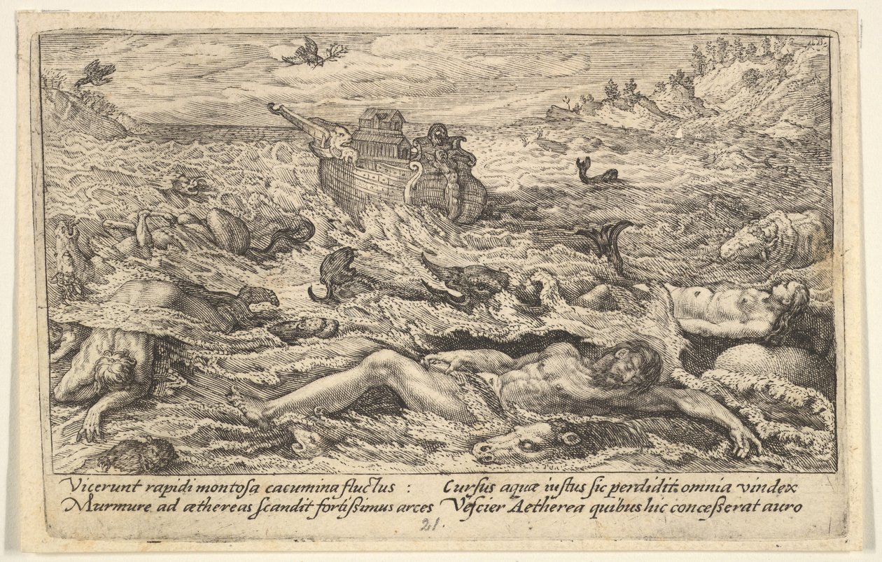 El diluvio destruye la vida en la tierra: cadáveres de humanos y animales a la deriva en primer plano, 1612 de Crispijn de Passe I