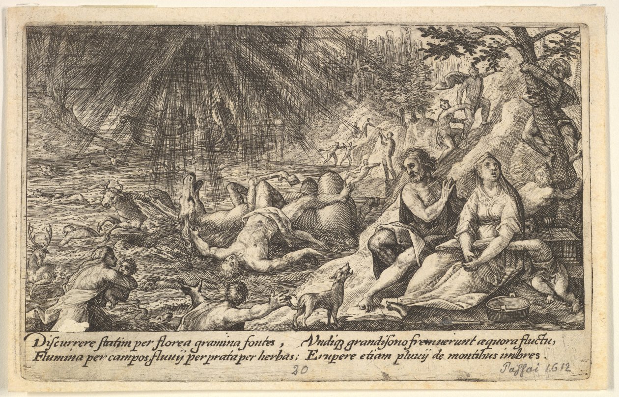 El comienzo del diluvio: hombres y mujeres suben a terrenos más altos a la derecha, el agua los alcanza, 1612 de Crispijn de Passe I