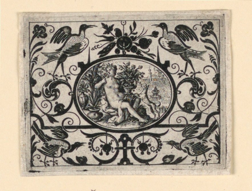 Sentido del olfato, placa de Quinque sensum typi in usum aurifabroru exarati (Imágenes de los cinco sentidos grabadas para el beneficio del orfebre) de Crispijn de Passe the Elder