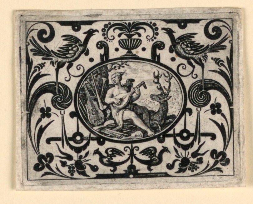 Sentido del Sonido, lámina de Quinque sensum typi in usum aurifabroru exarati (Imágenes de los Cinco Sentidos Grabadas para el Beneficio del Orfebre) de Crispijn de Passe the Elder
