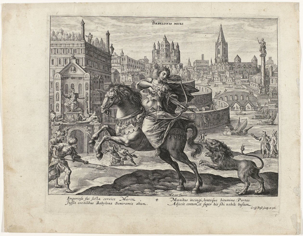 Jardines colgantes de Babilonia con una cacería de leones en primer plano Las siete maravillas del mundo (título de la serie) de Crispijn van de Passe (I)