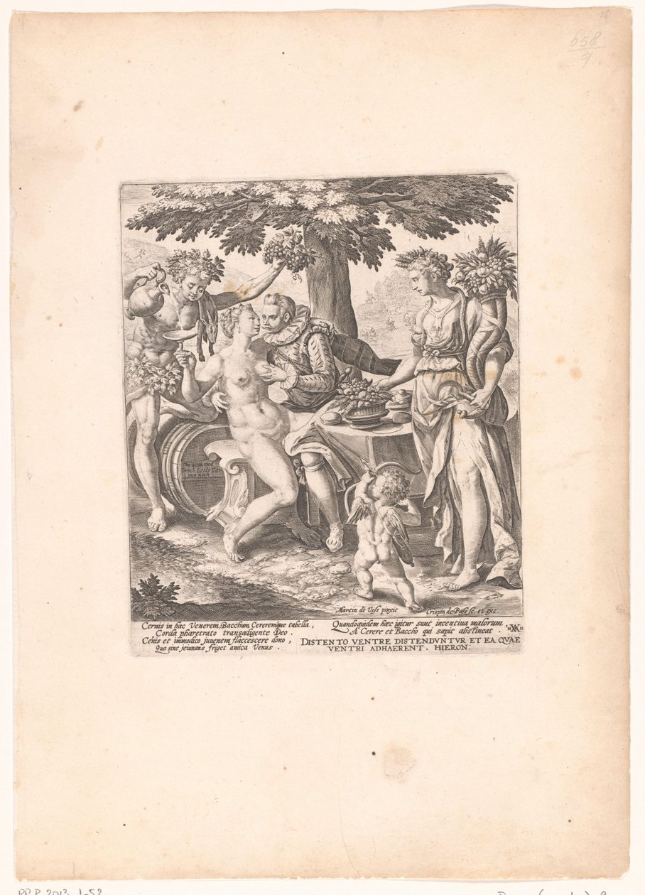 Hombre en gezelschap van Venus, Ceres en Bacchus Venus es frío sin Ceres y Baco de Crispijn van de Passe (I)