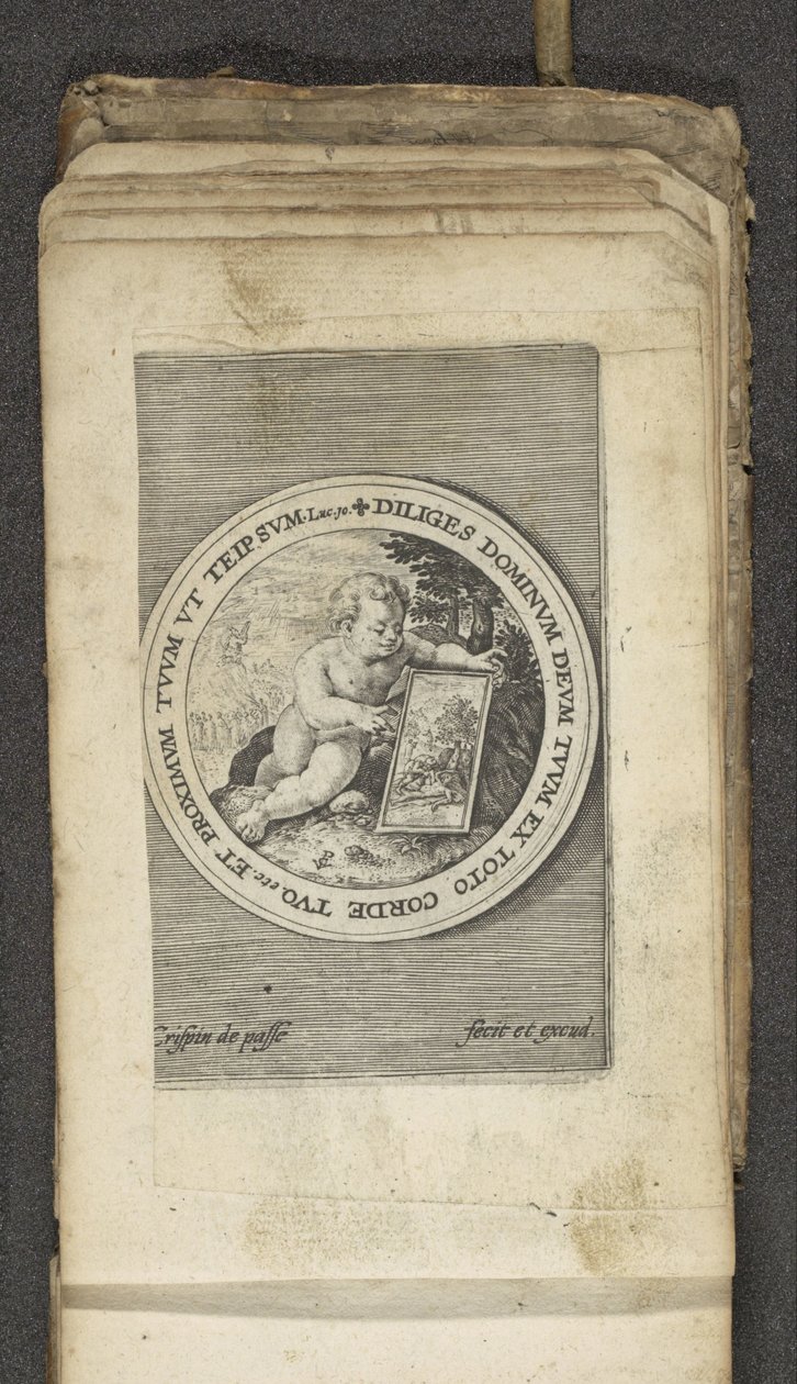 Putto con tableta Putti representando la palabra de Dios (título de la serie) Verbum Dei (título de la serie) de Crispijn van de Passe (I)