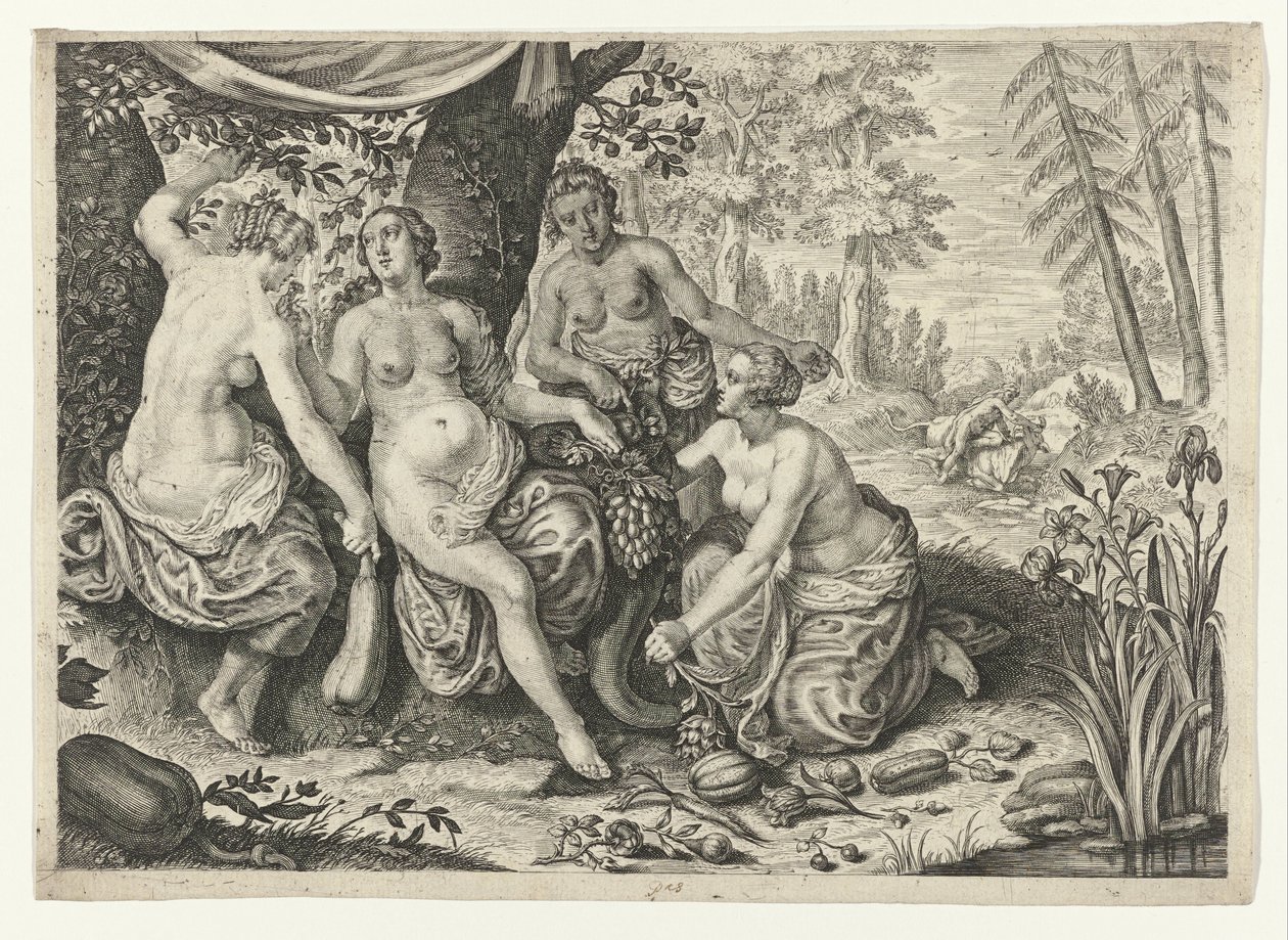 Las ninfas llenan el cuerno de la abundancia
Metamorfosis de Ovidio (título de la serie) de Crispijn van de Passe (II) (attributed to)