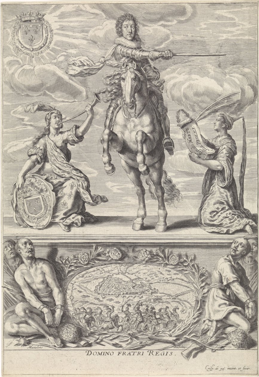 Retrato de Gaston Jean-Baptiste de Orleans, a caballo Dominó Fratri Regis. (título en el objeto) de Crispijn van de Passe (II)