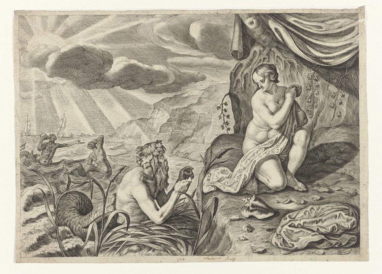 Escila huyendo de Glauco
Glaucio enamorado de Escila (título en el objeto)
Las Metamorfosis de Ovidio (título de la serie) de Crispijn van de Passe (II)