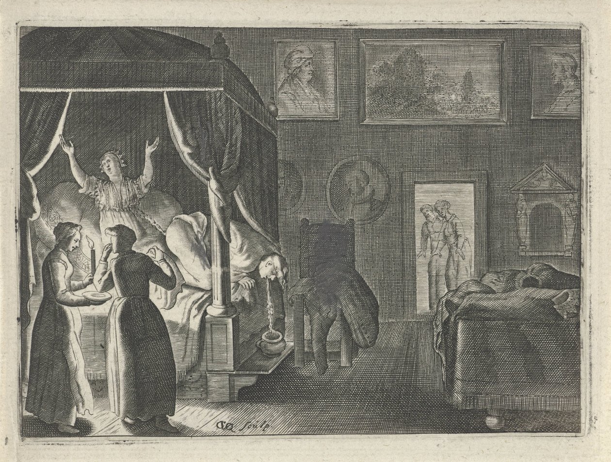 Vómito del hombre en la cama de Crispijn van den Queborn