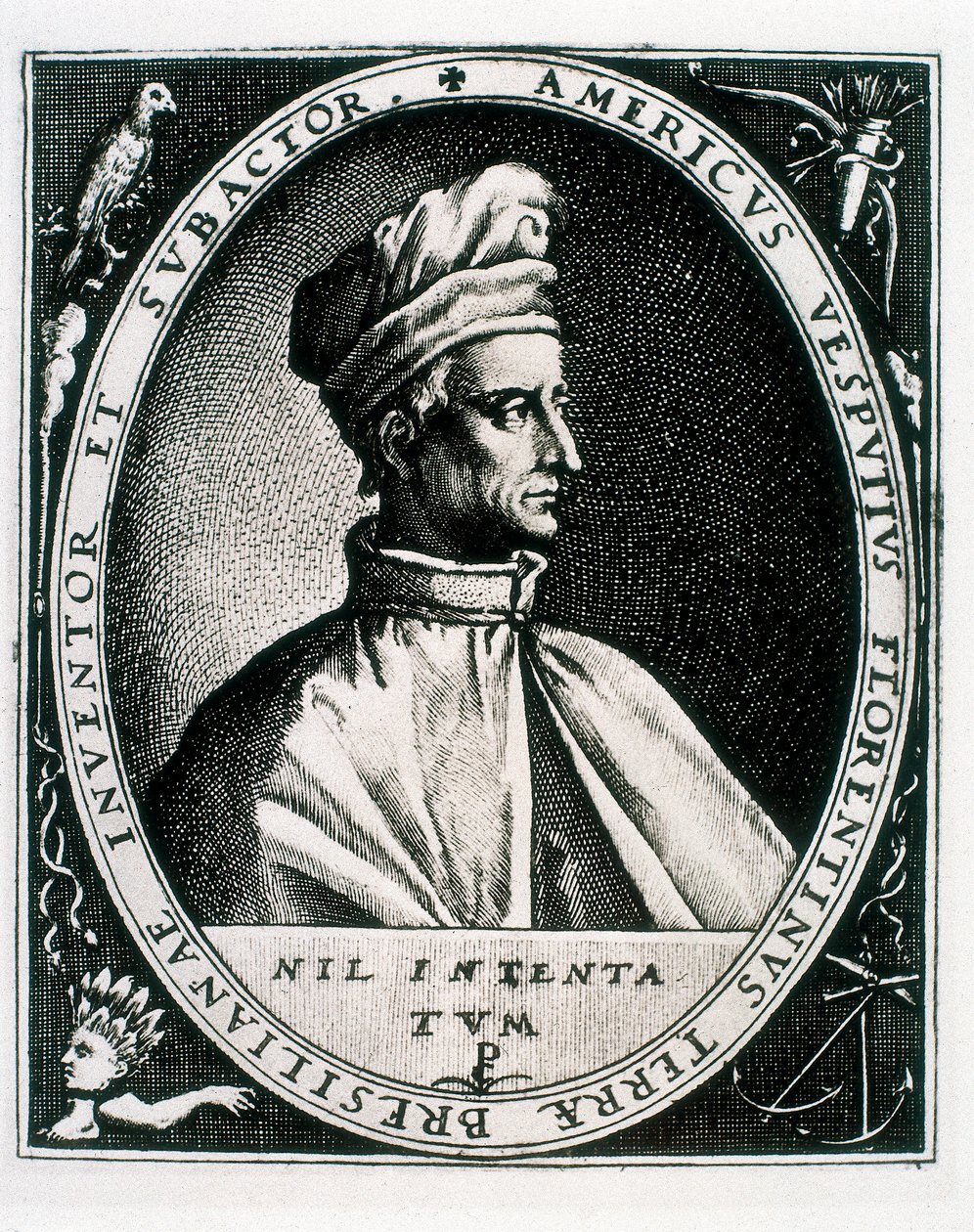 Retrato de Américo Vespucio, inscripción "Americus Vesputius Florentinus Terrae Bresilianae Inventoret Subactor" de Crispin I de (after) Passe