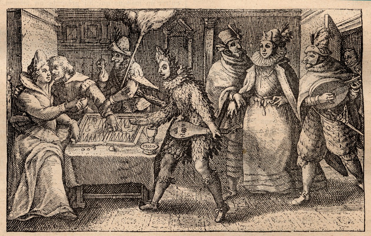 Una partida de backgammon con jugadores ambulantes - Grabado en cobre holandés; de un conjunto de impresiones, Hortus Voluptatem, de Crispin de Passe (1550-1643) - Una pareja jugando al backgammon sorprendida por cinco hombres enmascarados grabado por Cris de Crispin I de Passe