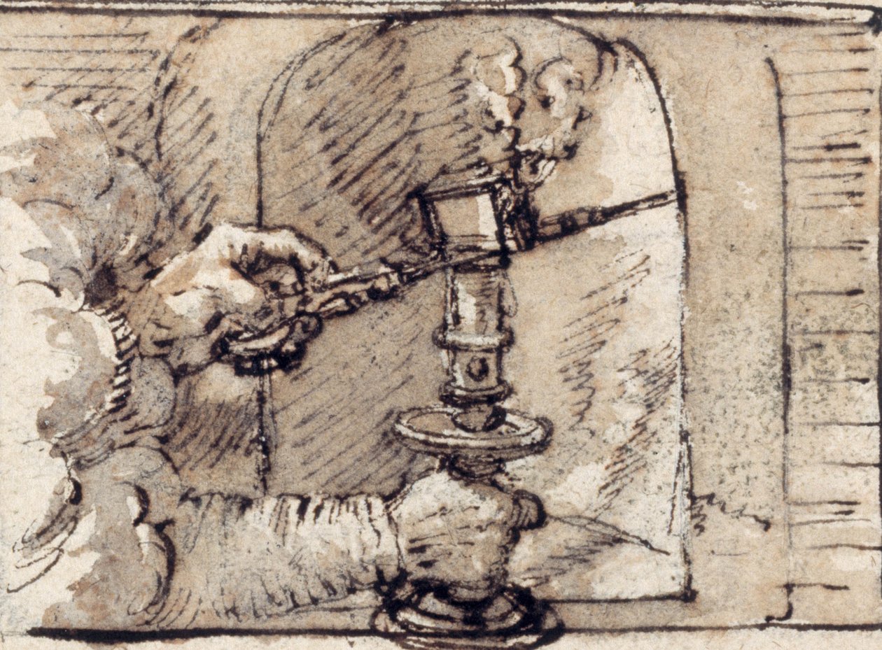 Un par de manos saliendo de una nube, apagando una vela en un candelabro (tinta y lavado marrón sobre papel) de Crispin I de Passe