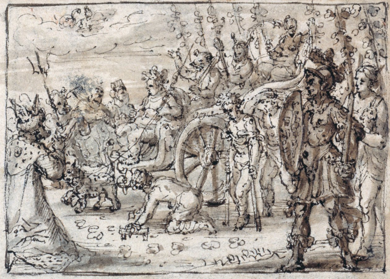 Entrada triunfal del Bacchus indio en Tebas (tinta y lavado marrón sobre papel) de Crispin I de Passe