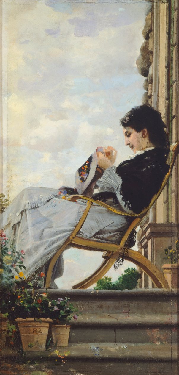 Mujer cosiendo en la terraza de Cristiano Banti
