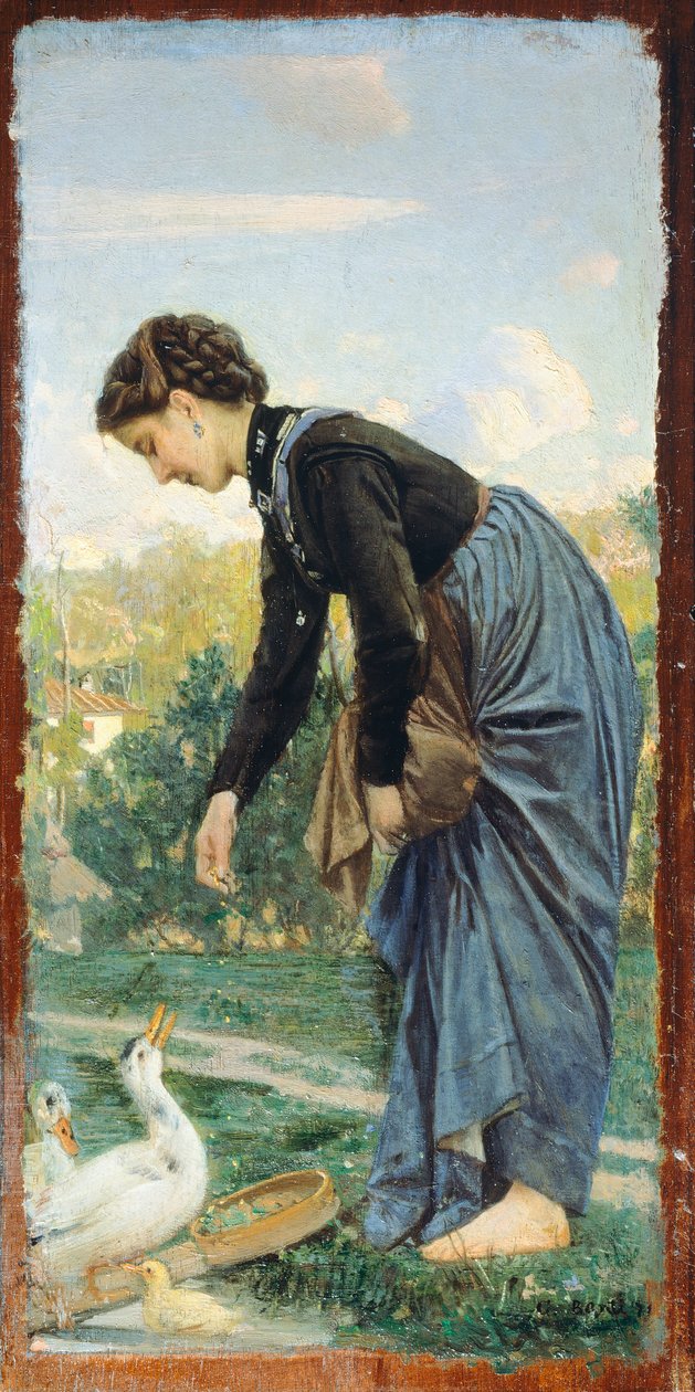 Joven mujer alimentando un pato, por Cristiano Banti de Cristiano Banti